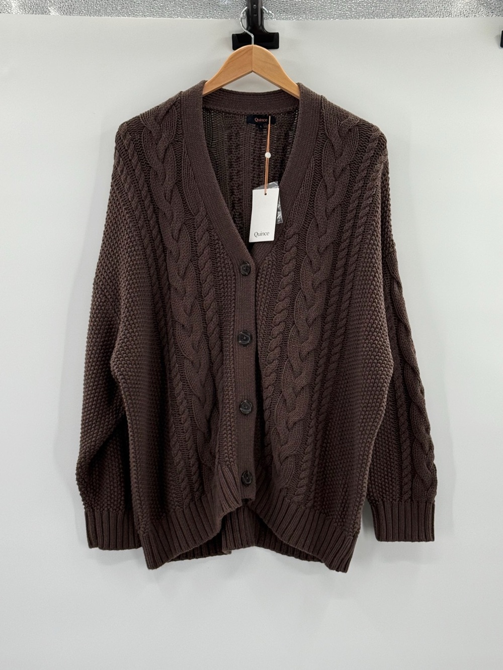 Quince 100% Organic Cotton Oversized Cable Knit Cardigan Heather Brown Large - Picture 6 of 16